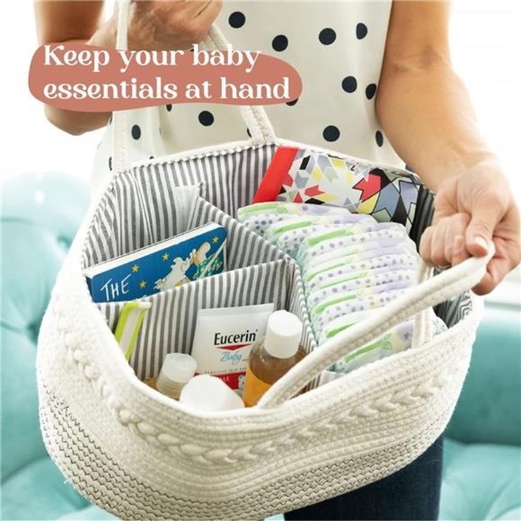 luxury little Diaper Caddy Organizer, Large Cotton Rope Nursery Basket - Picture 4 of 6